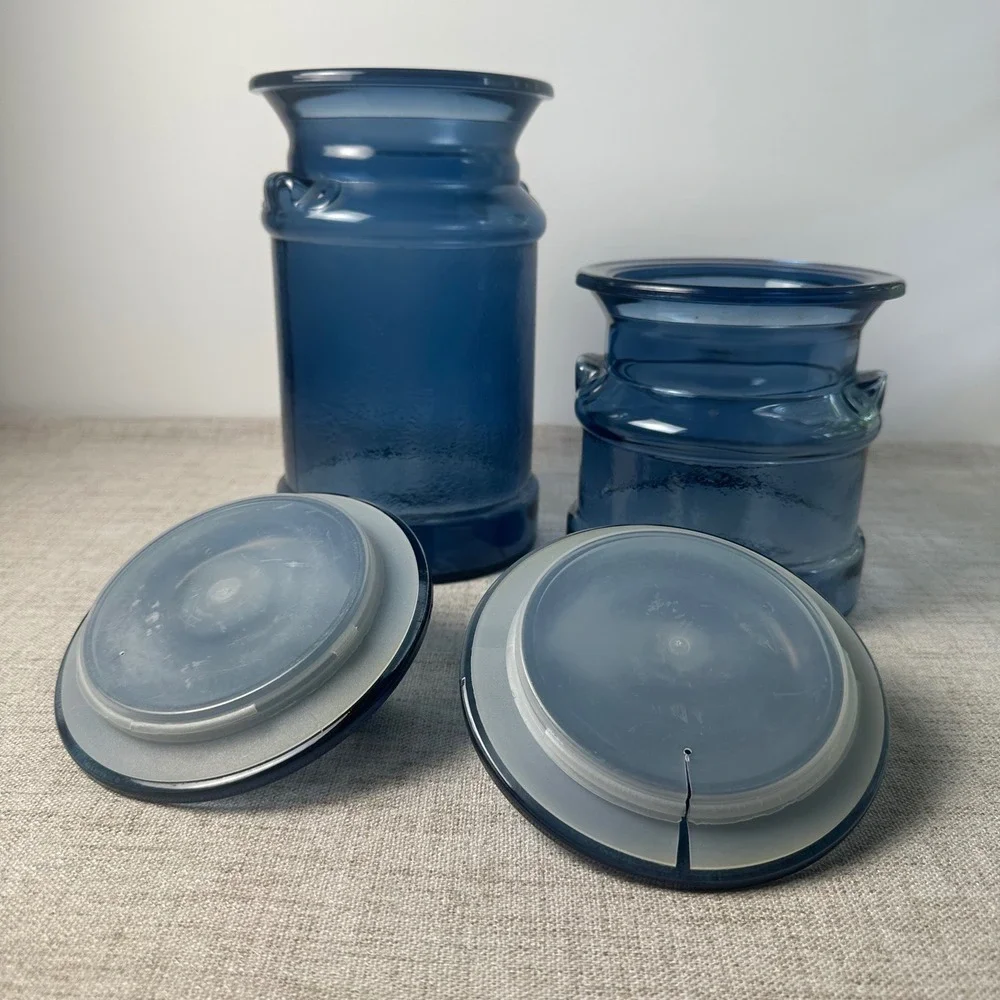 Vintage Cobalt Blue Glass Canister Set of 2 Handled Lids Kitchen Storage Jars